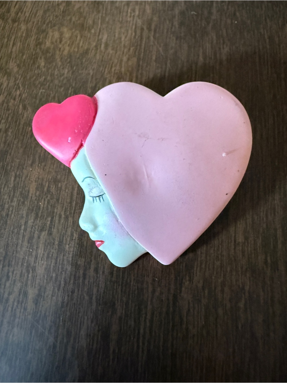 Vintage Pin Lady Head Hearts Brooch Unique Pink White